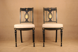 Pair of Directoire Style Ebonized and Parcel Gilt Side Chairs