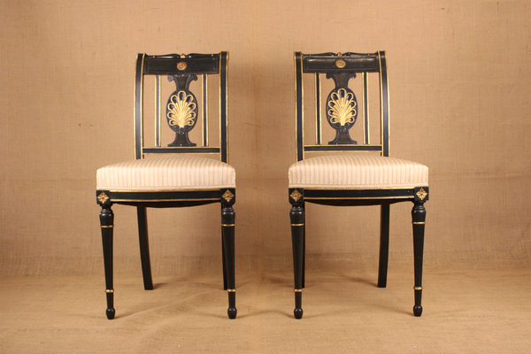 Pair of Directoire Style Ebonized and Parcel Gilt Side Chairs