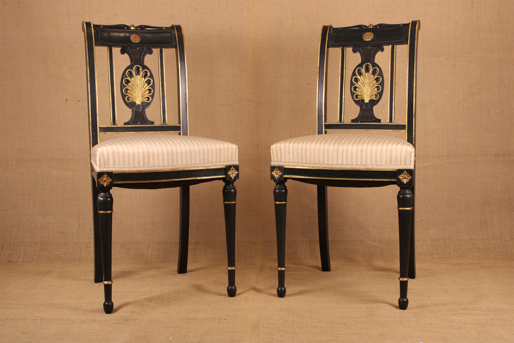 Pair of Directoire Style Ebonized and Parcel Gilt Side Chairs
